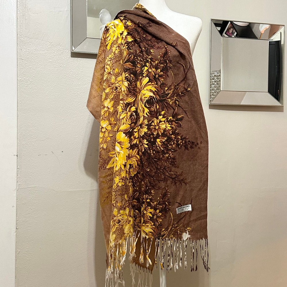 Pashmina Silk Blend Floral Shawl Wrap Fringed Scarf Brown Yellow 72x27